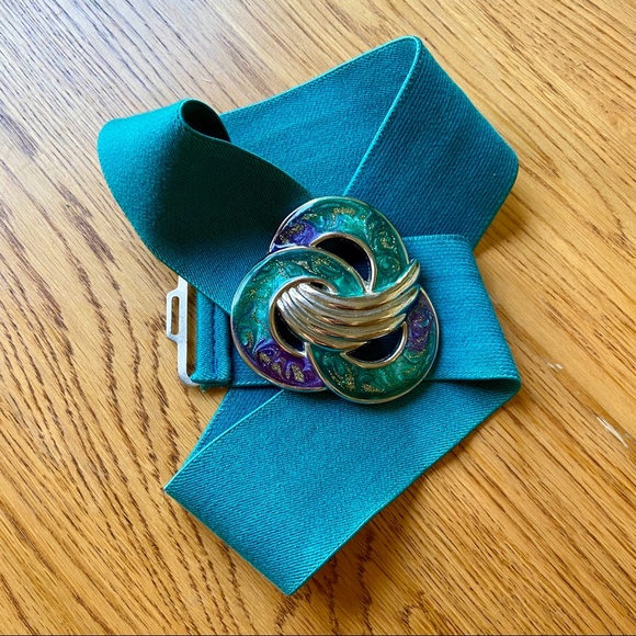 Teal elastic belt with GLITTER belt buckle - Picture 1 of 3